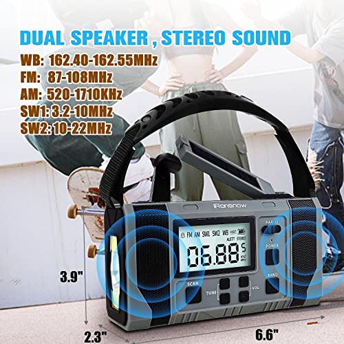 Ironsnow 10000Mah Noaa Emergency Weather Alert Radio, Lcd Digital Am/Fm/Sw Solar Hand Crank Radio, 360° Rotatable Reading Lamp, Dual Speakers, Headphone Jack, Sos, Usb Phone Charger (Ir688 Gray) #TOP2