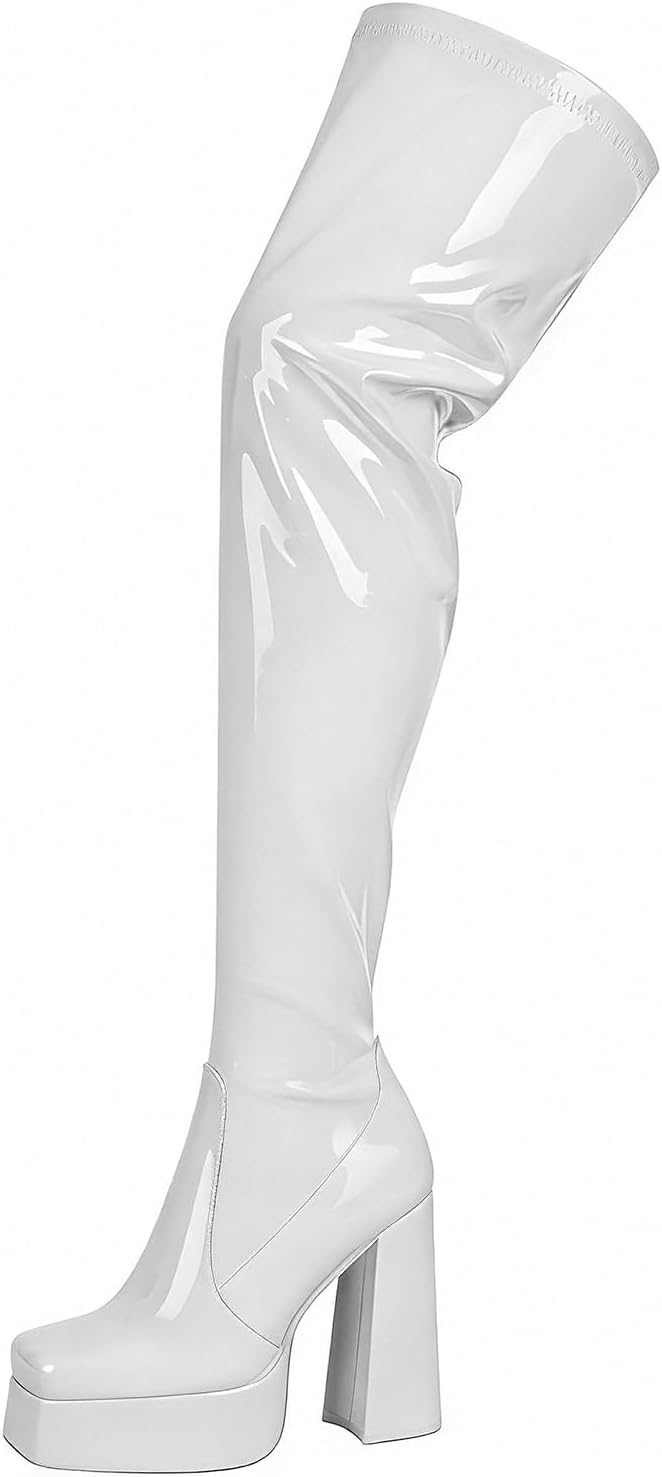 SAMMITOP Women's Platform Thigh High Boots Chunky Block Heel Over the Knee Boots Square Toe Sexy Stretch Long Booties with Zipper 4.7 Inch