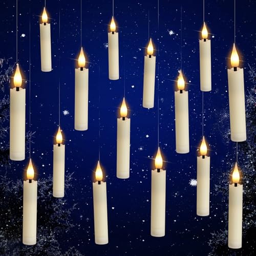 Yeelida Flameless 4” Floating Candles with Magic Wand Remote,16 AAA Batteries Included(Lasting 140H),15pcs LED Battery Flickering 6H Timer Ivory Drop-Shaped Wick Hanging Window Candles