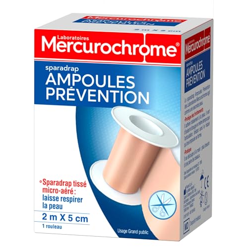 MERCUROCHROME - Sparadrap Prévention Ampoules - Protège des frottements - Découpe sans ciseaux - Micro-aéré pour laisser la peau respirer normalement - Retrait sans laisser de traces