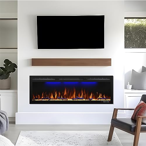 Image of 50-Inch Electric Fireplace, Recessed or Wall-Mounted Linear Heater, Ultra-Slim Frame, 1500W, 3 Flame Colors and 3 Top Lights, Log and Crystal Media, Remote, 1-9H Timer