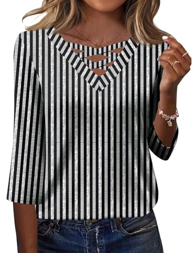 Rapbin Women Blouses Dressy Casual Summer Tops 3/4 Length Sleeve Womens T Shirts V Neck Criss Cross Tees