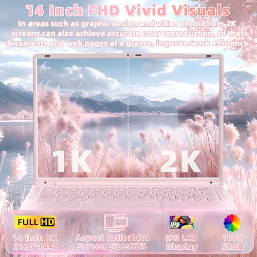 Image of 14 inch Pink Laptop, 16GB DDR4 RAM 1TB, N150 CPU for Business Work Students | Win 11 Pro, 2K FHD IPS Screen, Fingerprint Reader, Type-C, WiFi 5, Bluetooth 5.0, 6000mAh Battery