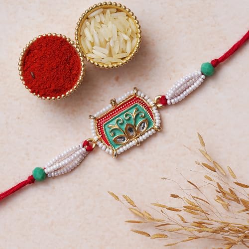 Image of eCraftIndia Green, Red, White Pearls, Beaded Designer Rakhis, Best Bro Ever Fridge Magnet with Roli Chawal Pack - Rakhis for Brother, Bhabhi, Kids