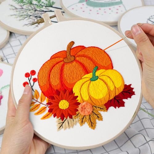 Image of Louise Maelys 3 Set Embroidery Kit for Beginners with Pumpkin Harvest | Fall Pumpkin Cross Stitch Kits For Seasonal Crafts. Needlepoint Kit Includes Fabric, Hoop, Threads, Needles and Guide