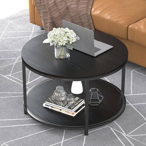 Image of NSdirect Round Coffee Table, 25.6 inch Small Coffee Table for Living Room,2-Tier Rustic Wood Desktop with Storage Shelf Modern Design Home Furniture(Black)