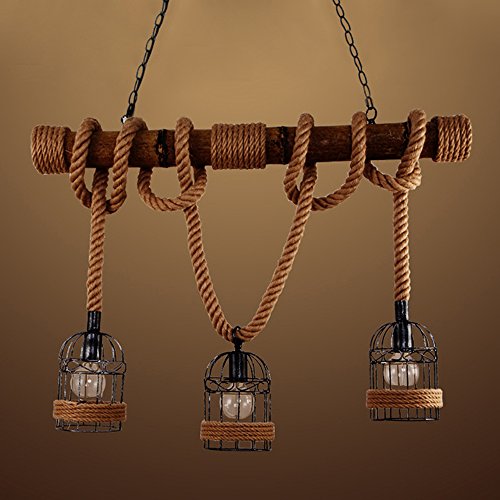 Baycheer Hl448735 Industrial 3 Lights Pendant Light Ceiling Lighting Hanging Lamp Chandelier Lantern Style With Rope Cage Frame & Wood Decoration For Indoor Bar Warehouse Hallway Use E26 Bulbs #TOP4