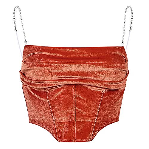 Leomoste LEYF-21042485S-01L Women Sexy Corset Crop Top Glitter Rhinestone Spaghetti Strap Bustier Tank Top Stretchy Clubwear Cami Shirt Orange thumb #4