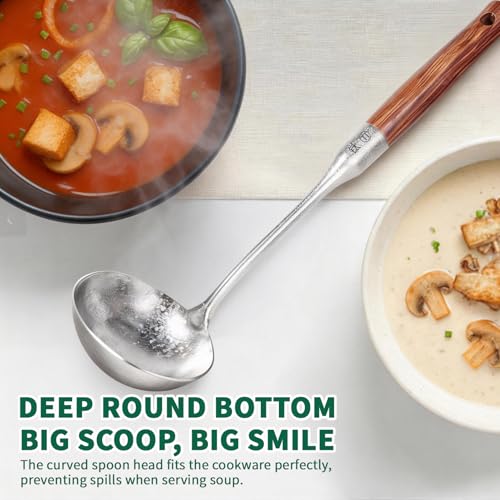 Image of Newness Soup Ladle, [Rustproof, Heat Resistance] Resilient Pure Titanium Soup Spoon with Long Ergonomic Natural Wooden Round Handle, Non-Toxic Cooking Spoon for Kitchen, 14.56 Inches