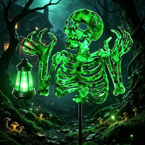Image of VOOKRY Halloween Skeleton Lantern Decor, Glow in The Dark Iron Skull | With Fluorescent Luminous Body & Mini Hand Lantern, Outdoor Yard Lawn Patio Spooky Decorations, Halloween Party Props Gifts