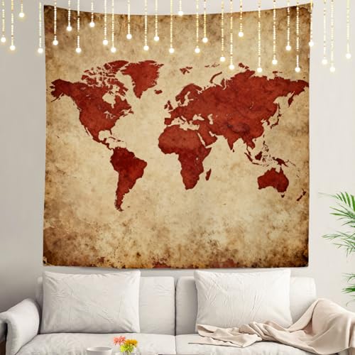 Shrahala Khaki Color Tapestry, Geography World Map Wall Hanging Hd Print Polyester Backdrop For Dorm Room Bedroom 59.1 X 59.1 In