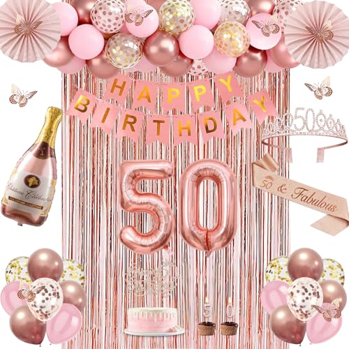50th Birthday Decorations for Women Rose Gold Happy 50th Birthday Decorations for Her 50 Crown and Sash Banner Fringe Curtains Hanging Paper Fans 50 Year Old Party Supplies Set