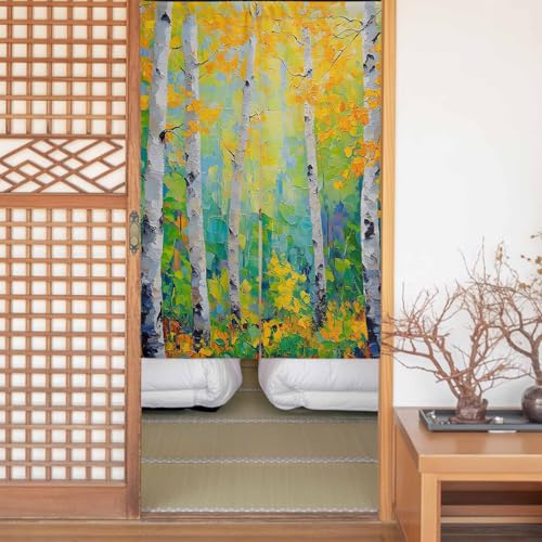 のれん 遮光 おしゃれ 暖簾カーテン 間仕切り 仕切り 目隠し 防寒 防音 厚手 和風 玄関 キッチ リビング 出入り口 グッズ 寝室 春夏秋冬 近代主義 シラカバの木 植物 夏 木 油絵 幅100x丈250cm