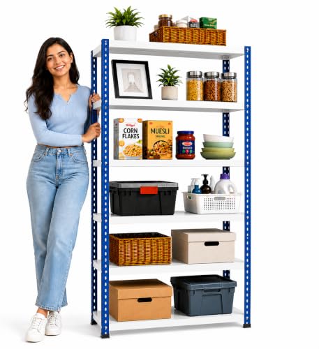 Image of Multipurpose 6 Tier Metal Rack Heavy Powder Coated, Kitchen Shelves for Storage, Metal Shelving Unit Storage Utility fro Home Decor 35Lx9Wx60H Inch (White Blue)