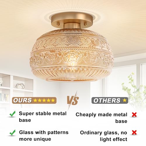 Semi Flush Mount Ceiling Light, Upgraded Modern Close to Ceiling Light Fixture with Amber Glass,Gold Indoor Kitchen Lighting for Porch Corridor Hallway Bedroom, Bulb Not Included
