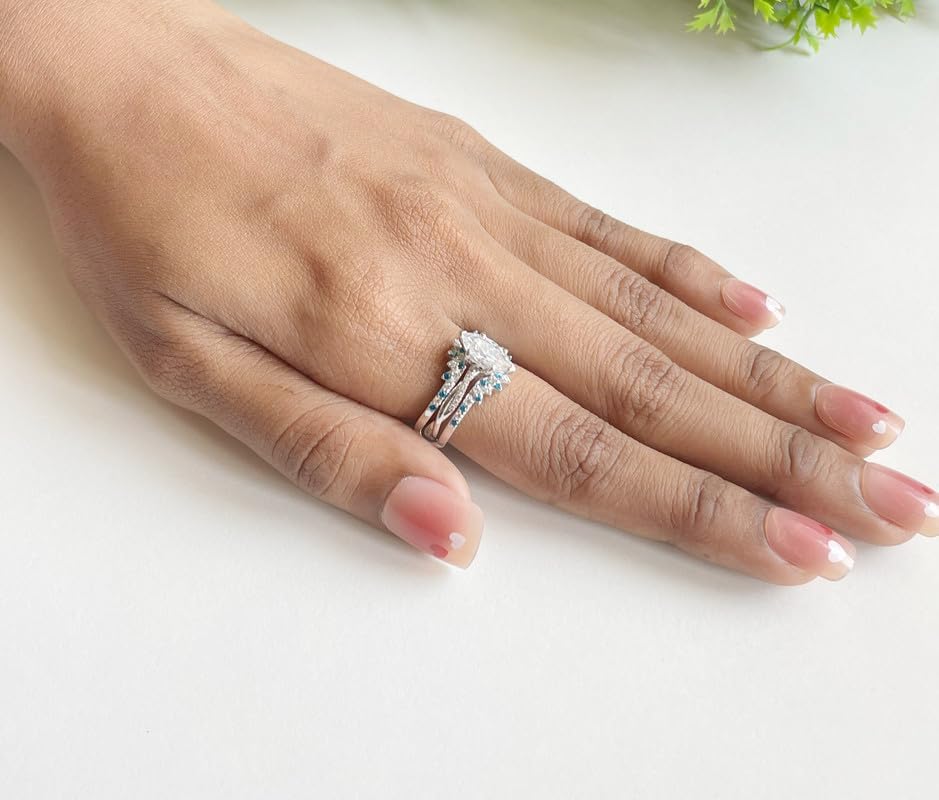 Round Cut Blue Topaz & White Diamond Enhancer Guard Wedding Band For Women, 14k Gold Finish Wrap Ring, ladise Topaz & Diamond Contour Curve Matching Wedding Band