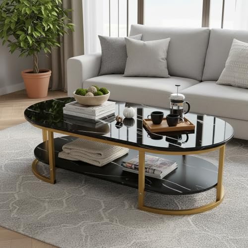 Image of RIZIK Stores Coffee Table - Modern 2-Tier Center Table with Engineered Wooden Top & Metal Frame, Living Room Sofa Table, Elegant Cocktail Table for Home, Office, Dining (Black)