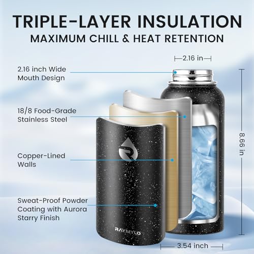Image of RAYMYLO Insulated Water Bottle 32 oz, Triple Wall Vacuum Stainless Steel (Cold for 24Hrs, Hot for 12Hrs), Leak Proof & Non-BPA, Modern Water Flask Jug with Paracord Handle & Straw Spout Lids