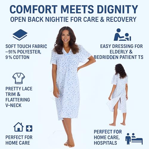 Women’S Open Back Nightie V-Neck, Lace Trim Soft Touch Fabric Incontinence Care Home (Blue, 26) - 2