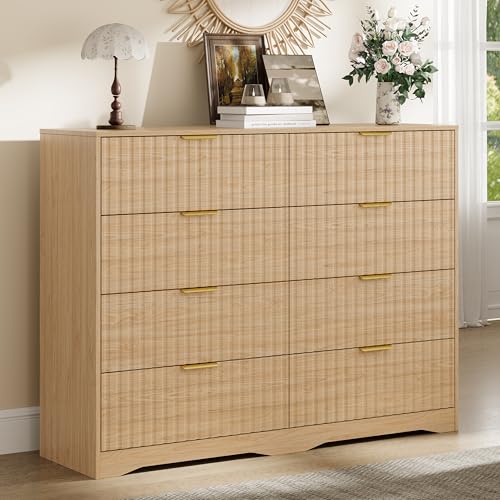 Image of Fluted 8 Drawer Dresser for Bedroom, 55 inch Wide Modern Wooden Chest of Drawers with Metal Handles, TV Stand & Closet Storage Organizer for Living Room,Hallway, Natural Wood