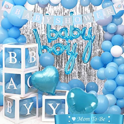 Buoluty Baby Shower Decorations for Boy,Clear Baby Boxes,White Gray Blue Balloons, Gender Reveal Decor. Its A Boy Decorations for Baby Shower.