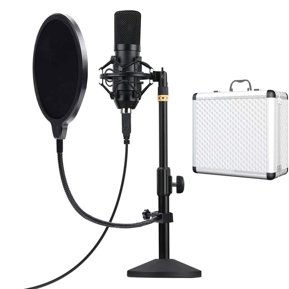 CEZO Kit de grabación de micrófono de condensador USB con soporte de escritorio, funda de aluminio y filtro pop, micrófono de condensador para YouTube, podcast, juegos, micrófono Plug & Play de
