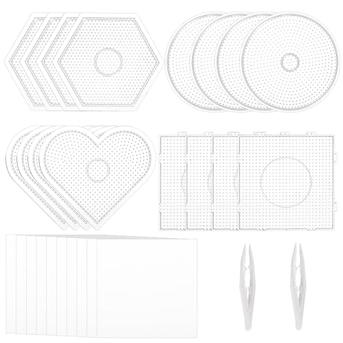 Image of Suwimut 16 Pieces Fuse Beads Boards, 5mm Large Clear Plastic Fuse Beads Pegboards with 2 Beads Tweezers and 10 Ironing Paper DIY Craft Beads, 4 Shapes