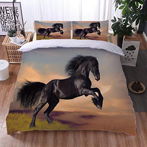 GXCBLK Housse De Couette 200X200cm avec 2 Taies d'oreiller, Parure De Lit 2 Personnes avec Fermeture Éclair Sets De Housse Couette en Microfibre 3D Cheval Animal Noir Imprimé Motif