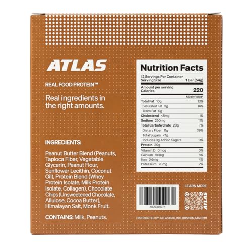 Atlas Real Food High Protein Bars – 20g Protein, 1g Sugar, Clean Ingredients, High Fiber, Low Sugar Snack Bar, No Seed Oils, No Artificial Sweeteners (Peanut Butter Chocolate Chip, 12 Count) - Image 3