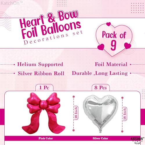 Image of KatchOn, Silver Heart with Bow Foil Balloons Decoration Set - Pack of 9 | Pink Bow Balloon for Pink Party Decorations | Silver Balloons for Baby Shower, Birthday Party Decorations