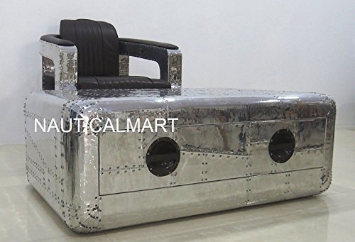 NauticalMart Aluminium Aviator Coffee Table One Drawer Trunk with Brown Leather Aviator Chair