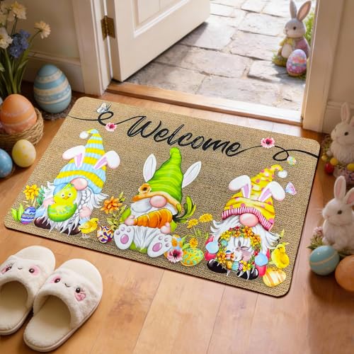 ZoneYan Paillasson de Pâques, 50 x 80 cm Paillasson GNOME de Pâques, Printemps Tapis de Pâques, Paillassons de Bienvenue de Pâques, Cuisine Tapis de Sol Antidérapant pour Intérieur et Extérieur