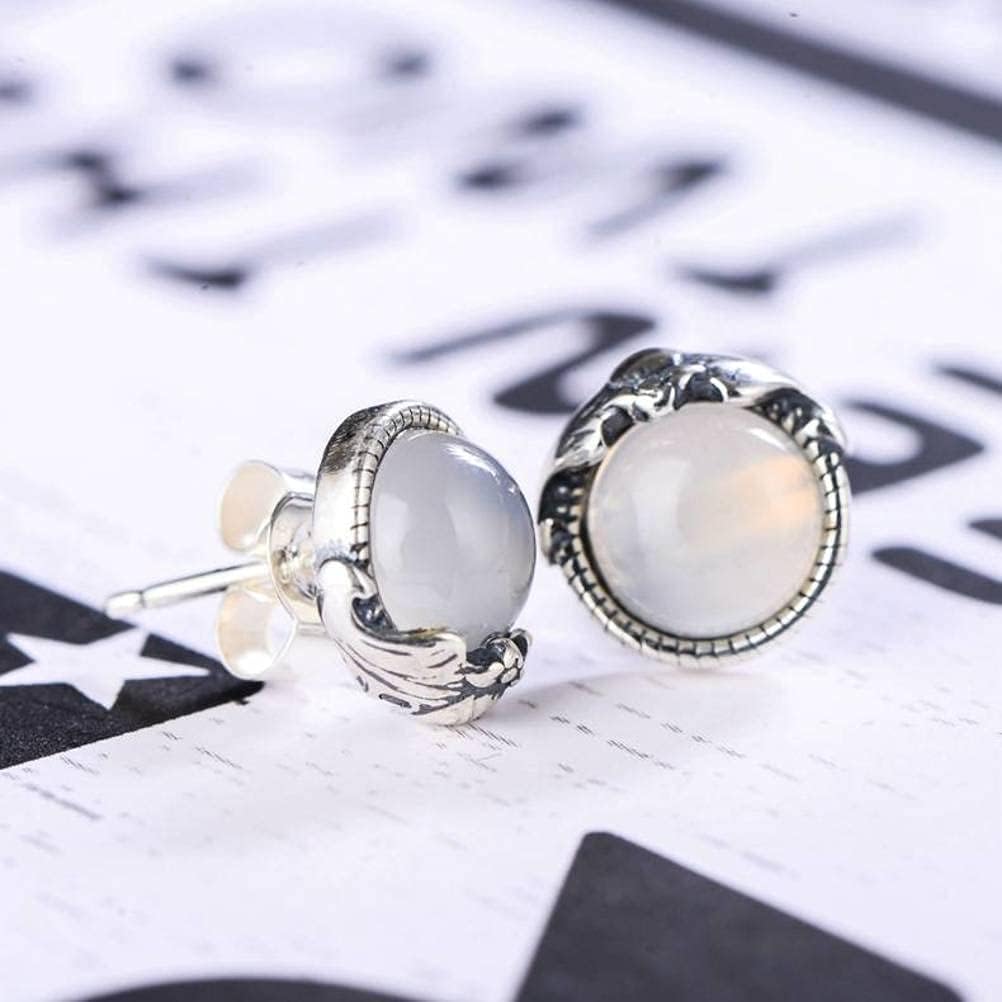 Ears925 Sterling Silver Retro Thai Silver Simple Temperament Bat White Chalcedony Female Ear Stud/White
