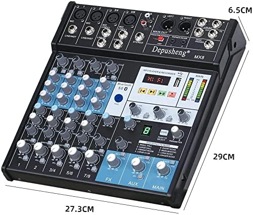 Depusheng MX8 Audio Mixer with dimensions labeled as 27.3cm width, 29cm depth, and 6.5cm height.