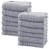 SWEET DOLPHIN 12 Pack Baby Muslin Washcloths - Soft Face Cloths for Newborn, Absorbent Bath Wash Cloths, Wipes, Burp Rag - Toddlers Essentials Stuff, Baby Registry as Shower -10"x10", Grey
