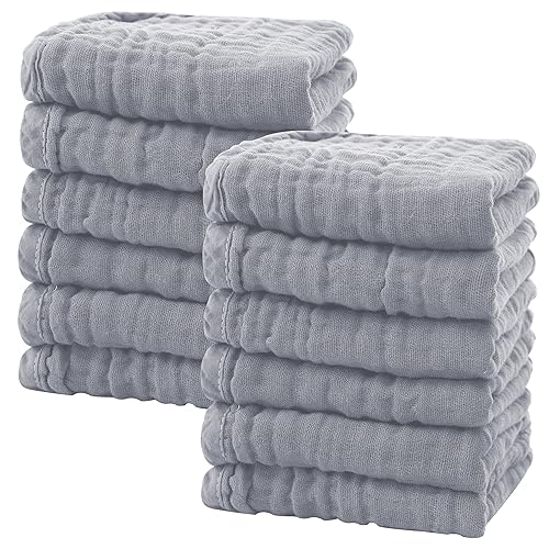 Image of SWEET DOLPHIN 12 Pack Baby Muslin Washcloths - Soft Face Cloths for Newborn, Absorbent Bath Wash Cloths, Wipes, Burp Rag - Toddlers Essentials Stuff, Baby Registry as Shower -10"x10", Grey
