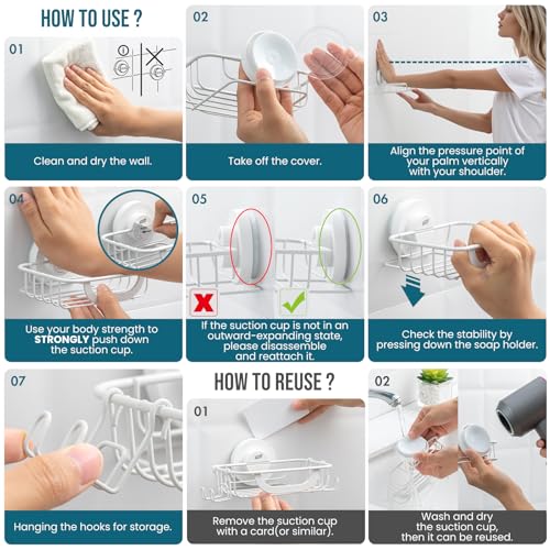 Image of TAILI Soap Holder, Soap Dish Suction Cup with Hooks, Stainless Steel, White