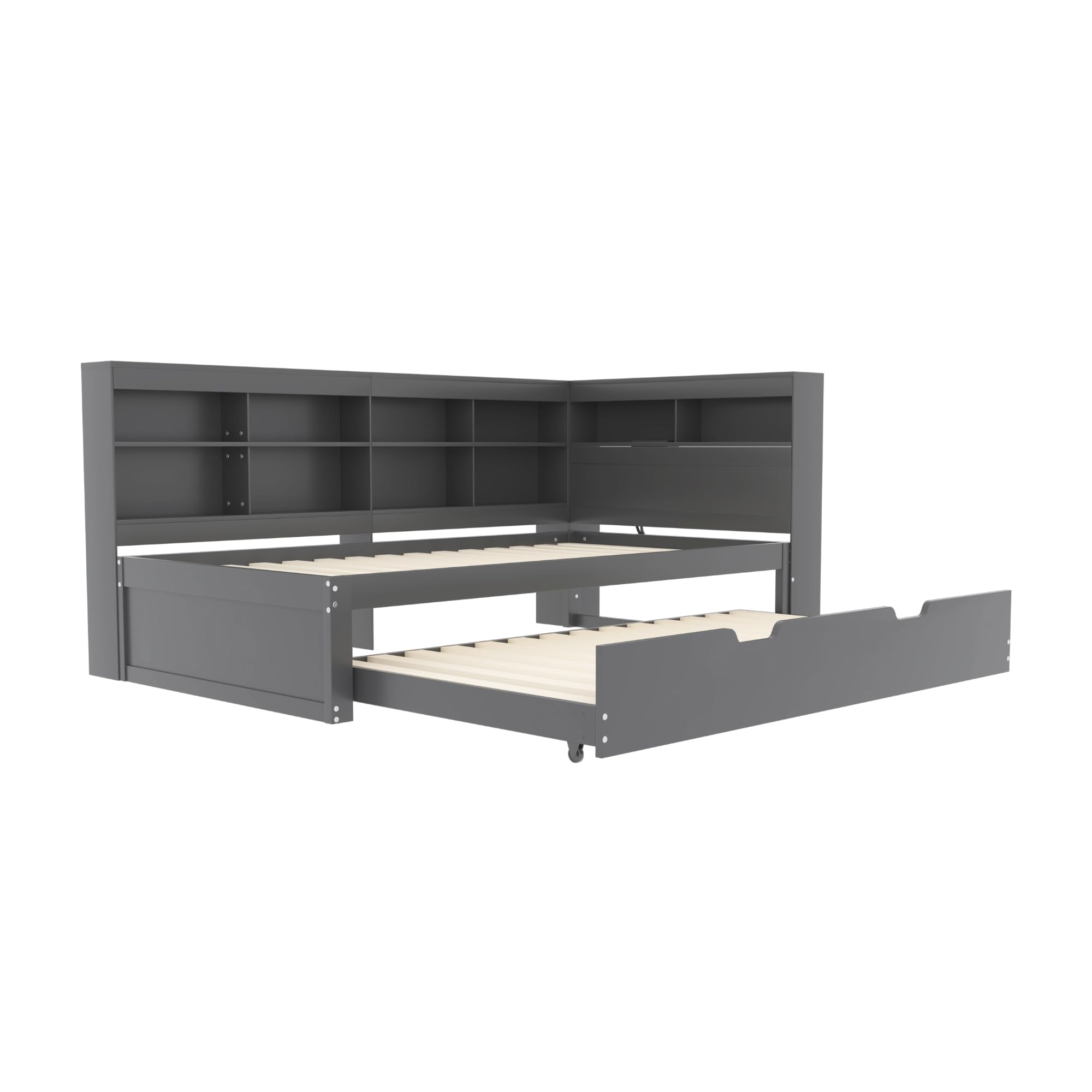 MYBOO Tagesbett Schlafsofa 90x200 cm, Holz Multifunktionsbett mit Ausziehbarem Bett 90x190 cm, USB-Steckdose und Mehreren Ablagefächern, Einzelbett Massivholzbett mit Lattenrost, Ohne Matratze, Grau