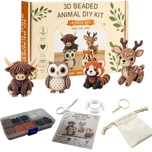 Temiaode 3D Beaded Animal Kit 4 Pack DIY Bead Craft Set for Adults Highland Cow Owl Red Panda Deer Beading Kit with Instructions Creative Hobby Craft Gift for Animal Lovers