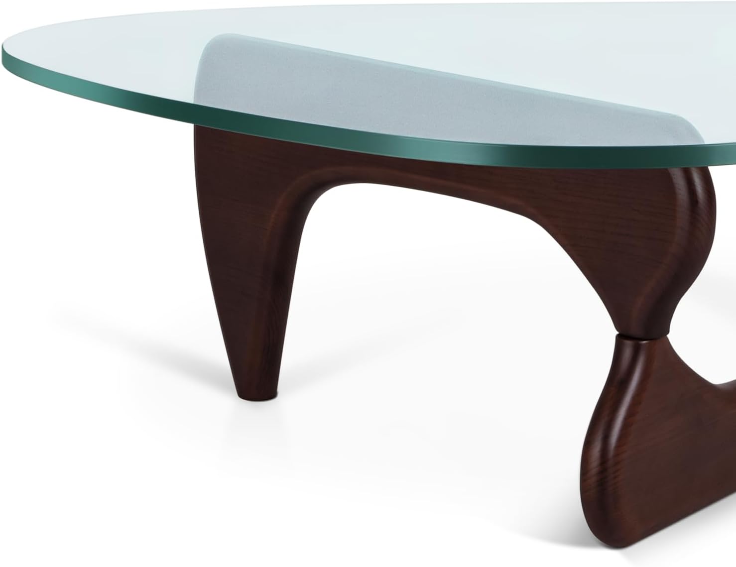 Triangle Coffee Table Modern Noguchi Vintage End Table, Solid Wood Base and Clear Glass Top Accent, for Living Room, Patio(Dark Walnut)