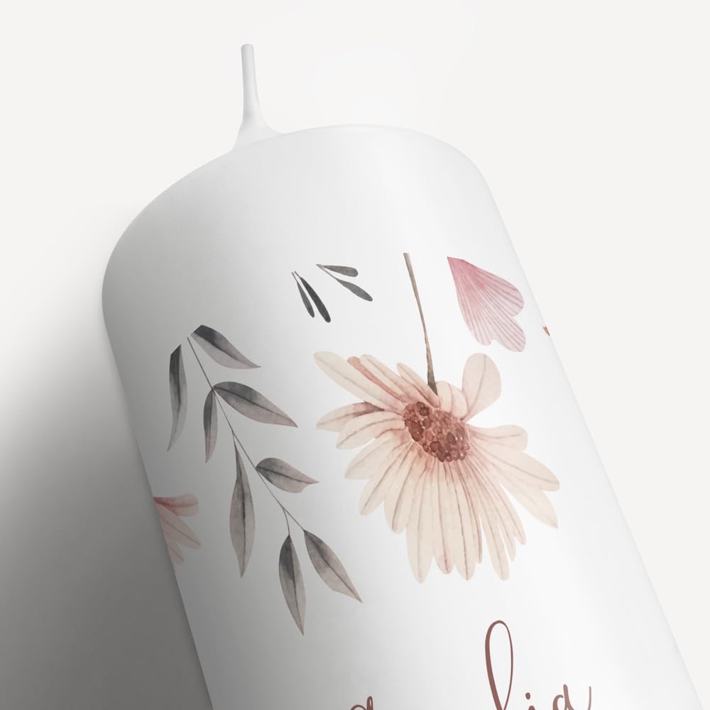 Taufkerze Mädchen Blumen modern personalisiert mit Namen & Taufspruch, online selbstgestalten, inkl. Jutebandverzierung