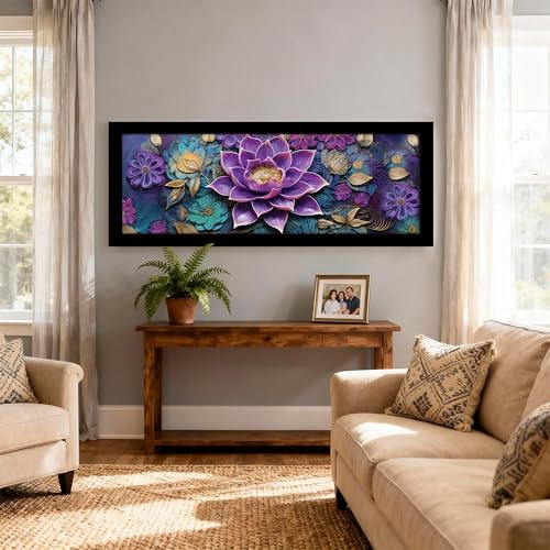 Image of PAINTINGMANTRA Blue Lotus Flower Vastu Wall Art Framed Luxury Paintings for Home Decoration, Living room, Bedroom and Office Decoration (99x38 CM)