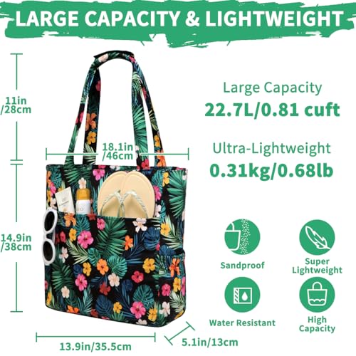 Image of Kasqo Beach Tote Bag for Women, 22L Waterproof Sandproof Medium Packable Travel Bag with Zipper for Pool Gym Shopping