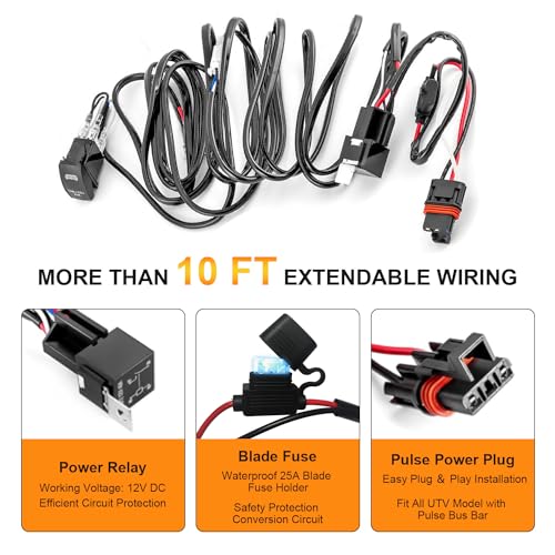 Image of Plug & Play LED Light Bar Wiring Harness Kit for Polaris RZR General Ranger Pulse Bus Bar, 300W 14AWG Wiring Harness with Pulse Power Plug Relay Fuse, 1Lead 12V 5Pin Rocker On Off Waterproof Switch