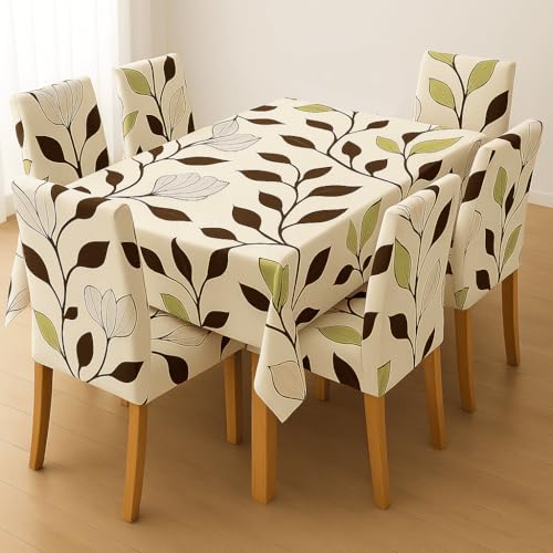 Image of Styleys Dining Chair Cover with Table Covers for Kitchen Waterproof Dining Table Cloth (1 Table Cover + 6 Chair Cover, Beige /Brown /Green Leaf Flower, CTSLMC138)