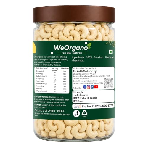Image of W320 Cashew 500gm | Whole Cashews | Protein Rich Kaju | Premium Dry Fruits | Naturally Buttery & Creamy | No Added Sugar | No Preservatives | Healthy Snacks for Kids & Adults | Hygienically Packed