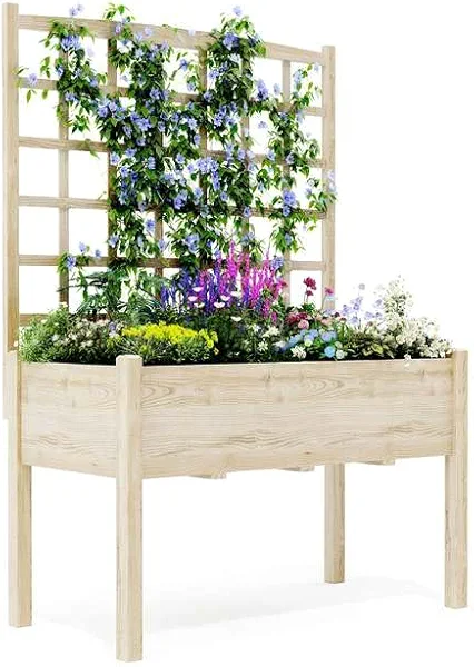 Raised Garden Bed with Legs for Outdoors, 46"x23"x65" Wooden Elevated Planter Box with Trellis, Planter Liner for Backyard, Patio, Balcony, Bed Liner for Climbing Plants, Flowers, Vegetables