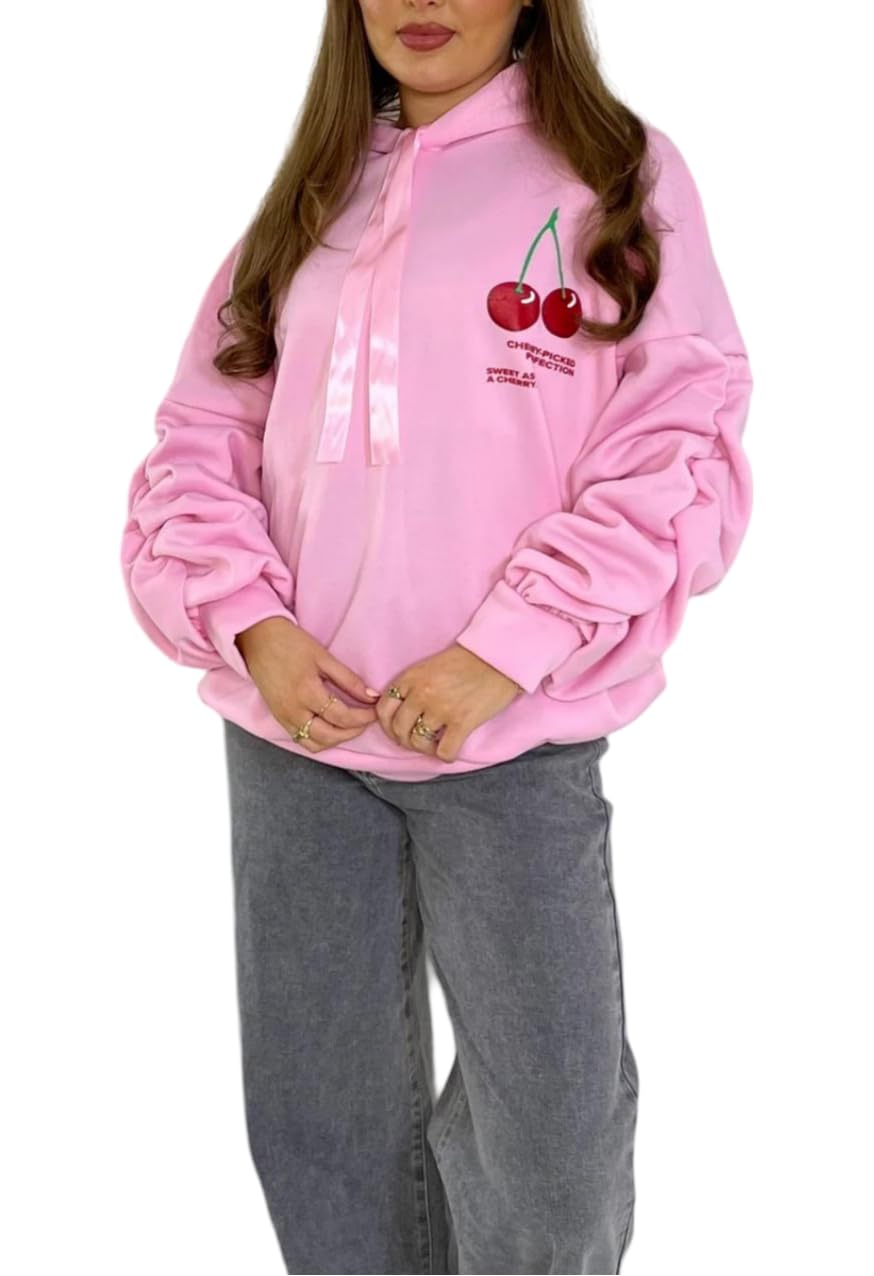 Fairy Boutique Women's Baby Pink Oversized Cherry Perfection Print Ruched Sleeve Ribbon Hoodie Warm Winter Fall Hooded Top Sweatshirt With Front Pocket