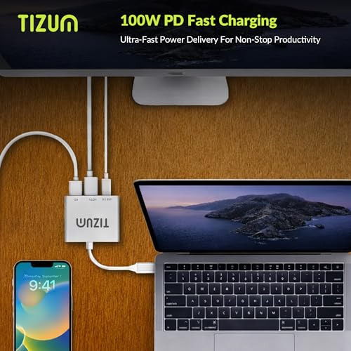 Image of Tizum 3-in-1 USB C HUB with 4K HDMI, 100W Power Delivery Fast Charging, USB 3.0 5Gbps High-Speed Data Transfer| Type C Multiport Adapter for MacBook, Laptop, Tablet, Monitor | Plug & Play USB C Dock
