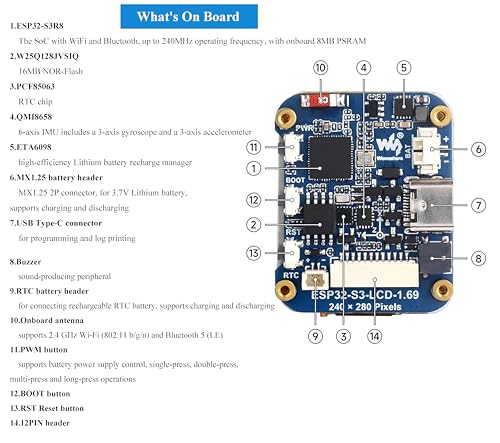 Image of ESP32-S3 Development Board with 1.69inch LCD IPS Display 240x280 Pixels 262K Color,USB Type-C Embedded ST7789V2 Display Driver, Accelerometer and Gyroscope Sensor, Support 2.4GHz W-i-F-i /Blue-too-th 5